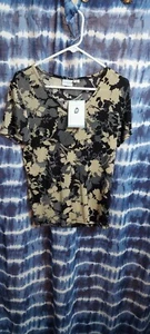 JACLYN SMITH NEW Tag V Neck Blouse Blue Beige Floral Slinky Shells Shrt Sleeve M - Picture 1 of 6