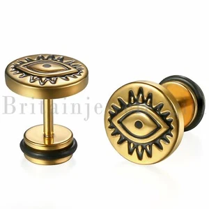 2pcs Men Women Stainless Steel Evil Eye Round Dumbell Barbell Ear Stud Earrings - Picture 1 of 15