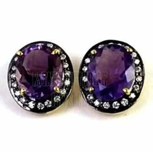 Stunning 1.09Ct Rose Cut Diamond Amethyst Silver Victorian Studs Earring Jewelry - Picture 1 of 1