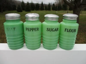 JEANNETTE VINTAGE DARK JADEITE GREEN SALT PEPPER SUGAR FLOUR. - Picture 1 of 2