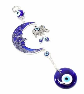Turkish Blue Evil Eyes Moon & Elephant Amulet Wall Hanging Decor. Blessing Gift - Picture 1 of 3