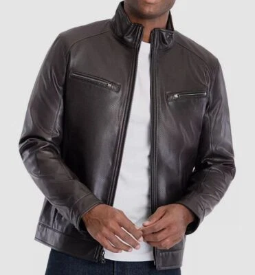 $226 Abrigo Chaqueta de Moto Michael Kors Para Hombre Marrón Perforado Imitación Cuero Talla M Foto 1 de 4