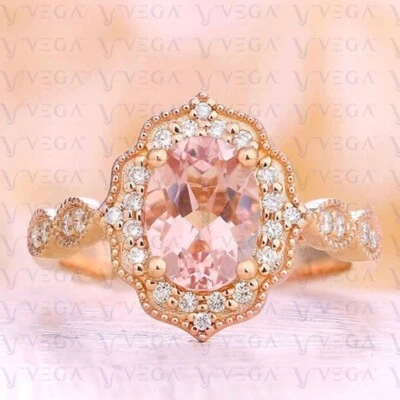 Anillo de morganita natural rosa y diamantes 100 % oro rosa sólido de 14 k con forma ovalada de 5,49 quilates Foto 1 de 4