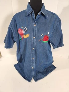 Vintage Womens Denim Shirt S/M Summer Cookout Button Up Short Sleeve Cotton NWT - Picture 1 of 9