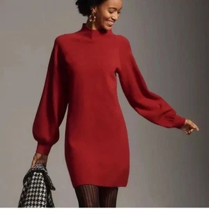 Anthropologie Maeve Beatriz Red Mock Neck Balloon Sleeve Knit Mini Sweater Dress - Picture 1 of 8