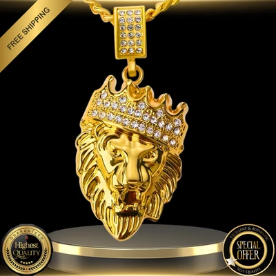 Colgante de lujo con cabeza de león coronada circonita cúbica helada tono oro 14k + cadena de cuerda de 24" Foto 1 de 4