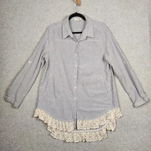 Umgee Shirt Womens 1XL Striped Lace Hem Button Front Tunic Boho Pockets - Picture 1 of 12