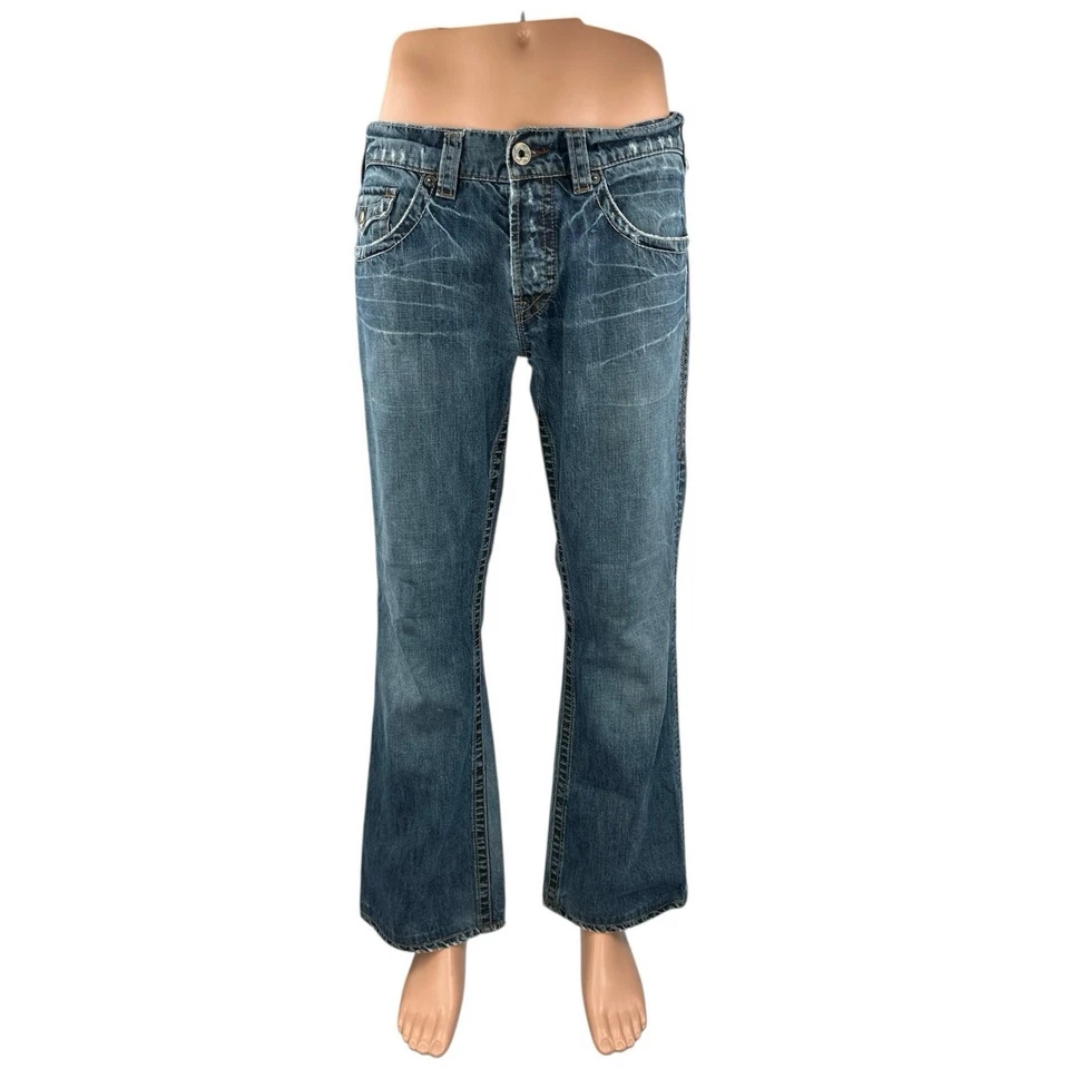 Pantalones de mezclilla acampanados 1921 para hombre azul lavado oscuro botón tiro medio corte boot OS Foto 1 de 4