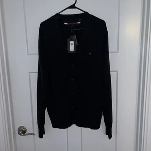 NEW Tommy Hilfiger Men's Black Cardigan V-Neck Logo Sweater Size L - Picture 1 of 5