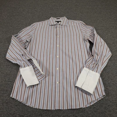 Camisa masculina Banana Republic 16-16.5 listra marrom azul ajustada vestido punho francês - Imagem 1 de 4