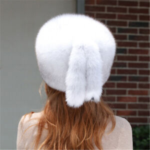 Women's Full Fur Real Fox Fur Hat Russian Ushanka Cossack Ski Cap tassel tails