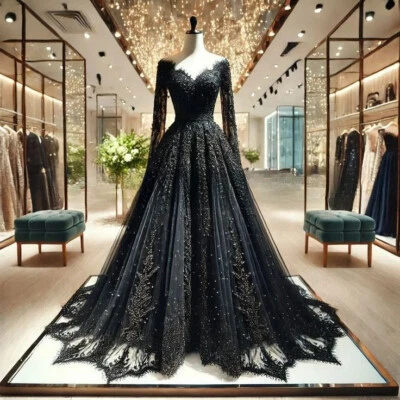 Gothic Zip Wedding Dresses Black V-Neck Lace Appliques Victorian A-Line Bridal - Image 1 of 4