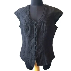 Soft Surroundings Black Taos Blouse Top Cap Sleeve Embroidered Coastal Cowgirl - Picture 1 of 15