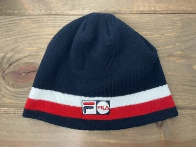Винтажная шапка-бини Fila Linus в полоску плоская вязаная зимняя шапка с синими красными белыми полосками - Изображение 1 из 4