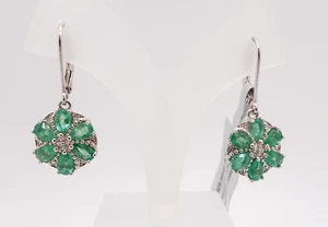Sterling Silver 925 2.37CT Pear Cut Green Emerald & Diamond Flower Earrings - Picture 1 of 3