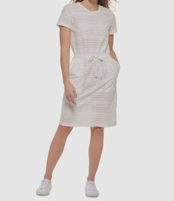 Calvin Klein Women White Short Sleeve Blouson Eyelet A-line Dress Size L - Image 1 of 3