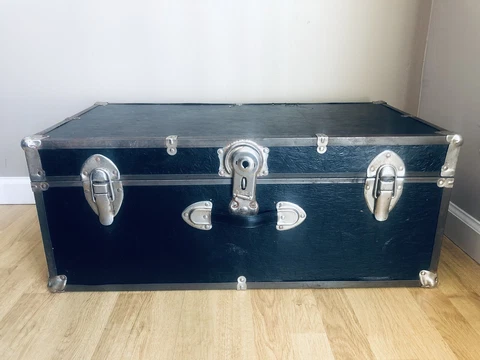 Vintage Black Steamer Trunk with Wood Chip Interior Cover