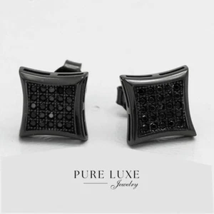 Men's Sterling Silver 925.Black Cubic zirconia 9mm Studs *Earring Unisex--Box - Picture 1 of 3