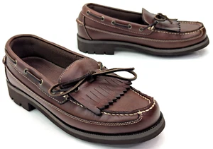 Cabelas Leather Slip On Boat Shoe Moccasins Men Size 8M Brown Kiltie Bow - EUC - Picture 1 of 17