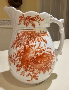 Beautiful Antique White Ironstone Pitcher with Rusty Red Transfer - Picture 1 of 7