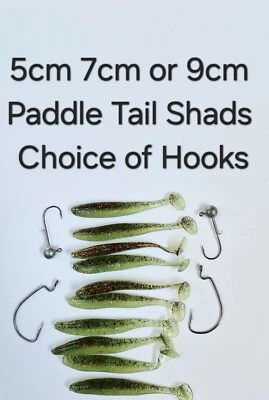 Red Olive 10 Shad Paddle Tail Soft Lures 5cm 7cm 9cm  Hook Weedless Jig Head - Image 1 of 4