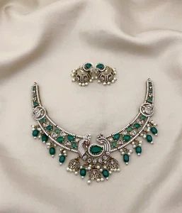 Peacock Design Cz Green Stone Studded Pearl Beaded Matte Finish Necklace Set - Picture 1 of 2