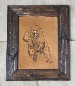 Vintage Bär Leder Zeichnung Kunst gerahmt rustikal Cottagecore Horror Männerhöhle IST-ZUSTAND - Bild 1 von 6