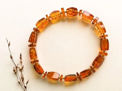 Pulsera TORVELA ámbar báltico natural oro naranja cuentas rectangulares elásticas 6,6 pulgadas Foto 1 de 4