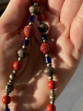 Vintage Chinese hand carved large red cinnabar Navy sterling silver necklace