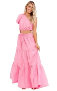 SWF Puff Sleeve Crop Tiered Maxi Skirt Set Pink Size AU 10 RRP 559 WITH DEFECTS - Picture 1 of 12