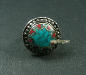 R20 Handmade size 8.75 Turquoise Coral Resin Tibetan Silver Finger Ring Nepal - Picture 1 of 4