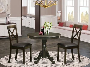 3pc dinette set 36" round kitchen pedestal table + 2 leather chairs cappuccino - Picture 1 of 12