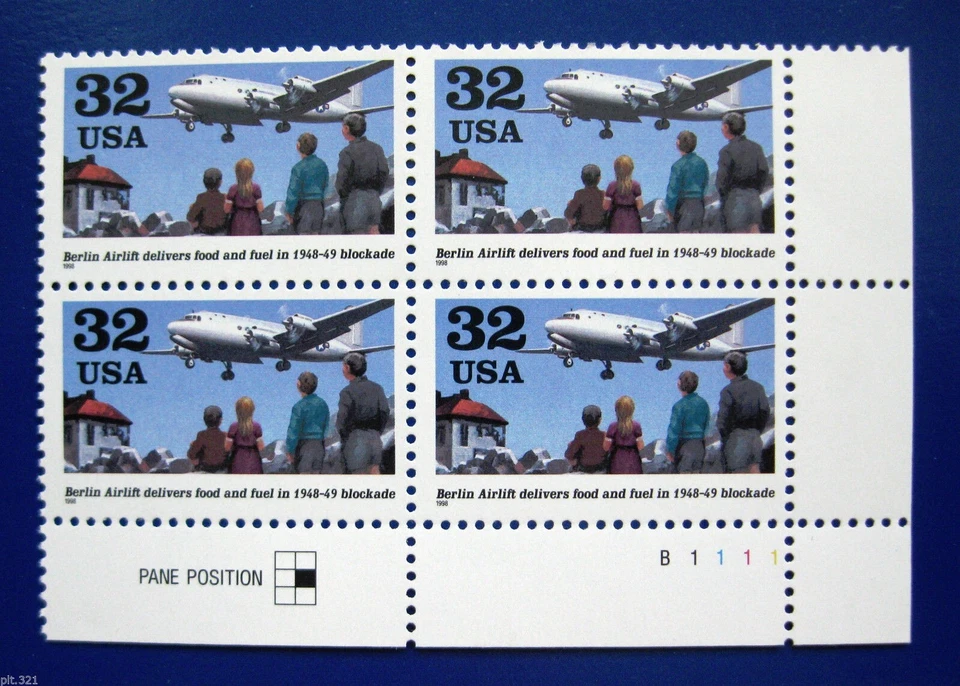 Sc # 3211 ~ Plate # Block ~32¢ Berlin Airlift, 50th Anniversary Issue - Image 1 of 1