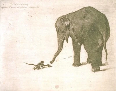 Monkey and Elephant Henri-Charles Guerard Art Print 1870 Animal Etching Whimsy - Image 1 of 2