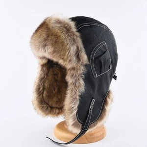 Herren Flieger PU Leder Trapper Mütze Kunstfell Futter Ohrenklappe Russische Skimütze - Bild 1 von 9