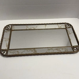 Vtg Gold Vein Retro Vanity Mirror Twist Brass Frame Heart Corners Angled Edges - Picture 1 of 10