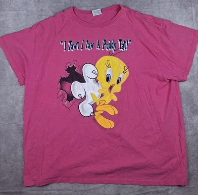 Camisa masculina vintage Looney Tunes 3XL rosa tweety desgastada dupla face 1996 - Imagem 1 de 4