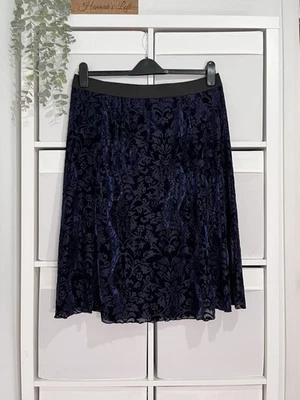 M&S Velvet Devore Flare Midi Skirt Size 16 R Navy Pull On Elasticated Waist - Image 1 of 4