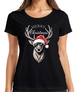 Rentier Weihnachten Merry Christmas Weihnachtsmütze Sonnenbrille Damen T-Shirt - Picture 1 of 45