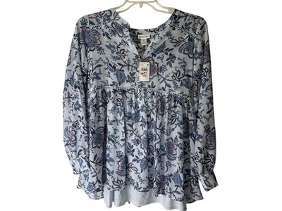 Motherhood Maternity Medium Blouse Blue Floral Long Sleeve Sheer built-in tank - Image 1 of 4