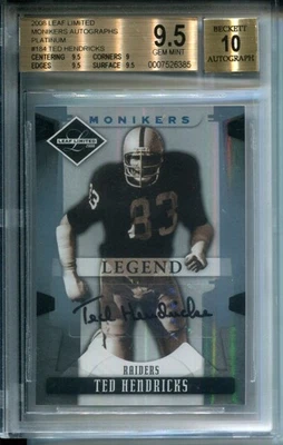 2008 Leaf Limited Monikers AUTO Platinum #1/1 Ted Hendricks #184 BGS 9.5 Raiders - Image 1 of 2