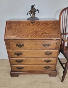 Oak Writing Bureau Desk Vintage Leather Mid Century Carved Delivery Available - Picture 1 of 23