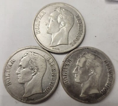 (3) Venezuela 5 Bolivar Silver Coins (2)× 1929,1936. - Image 1 of 2