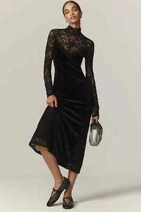 Anthropologie Black Mock Neck Lace Velvet Slip Midi Dress Witchy Whimsygoth NWT - Picture 1 of 11