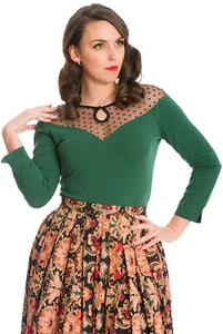 Banned EVITA EVENING TOP 50s POLKA DOT Mesh SHIRT Oberteil Grün Rockabilly - Bild 1 von 4