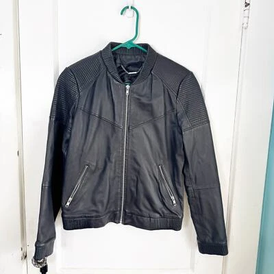 MNG TRAJE MANGO 100% Cuero de Oveja Genuino Chaqueta de Bombardero Expuesta Cremalleras Plateadas S Foto 1 de 4