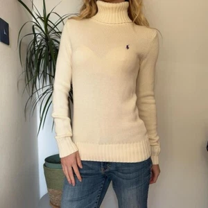 Ralph Lauren cream polo roll neck chunky cotton knit jumper purple horse XS - Picture 1 of 8
