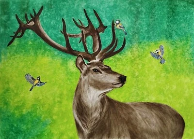 Pintura Original Animal Ciervo y Pájaro, Cuernos de Ciervo Ramificados Obra de Arte Reno  Foto 1 de 4