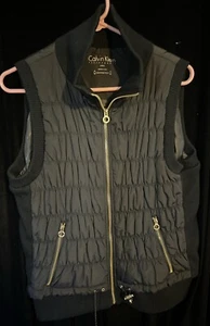 Calvin Klein Womens M Black Quilted Puffy Vest w Gold Accents Full Zip 1862 - Picture 1 of 6