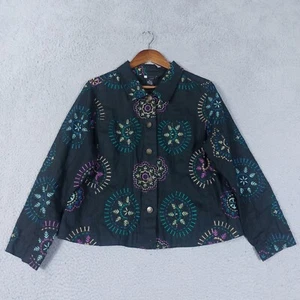 Carole Little Jacket Women 1X Black 100% Linen Paisley Embroidered Button Front - Picture 1 of 12